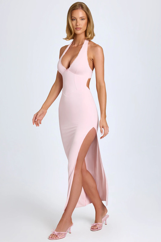 Modal Lace-Trim Halterneck Maxi Dress in Blush - Size:S